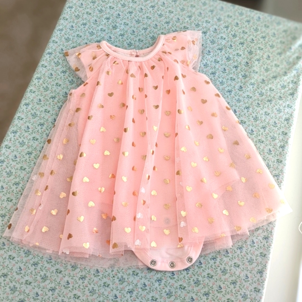 Light Pink Rose with Gold Hearts Airy Bohemian Baby Dress 3 mos